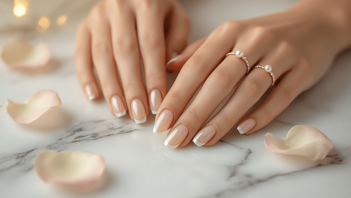 Elegant bridal hands showcasing a classic French manicure with nude polish and delicate pearl accents, surrounded by soft rose petals and warm golden lighting on a luxurious marble surface.