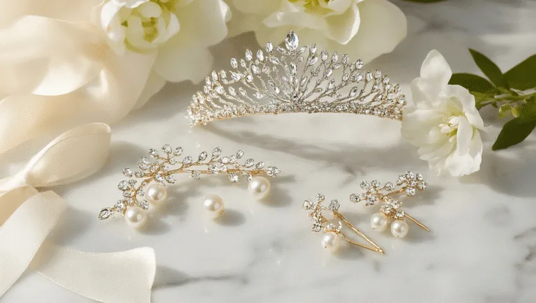 Elegant bridal hair accessories including a crystal hair vine, pearl drop pins, and a tiara, arranged on a marble vanity with soft natural lighting, complemented by silk ribbons and fresh white flowers.