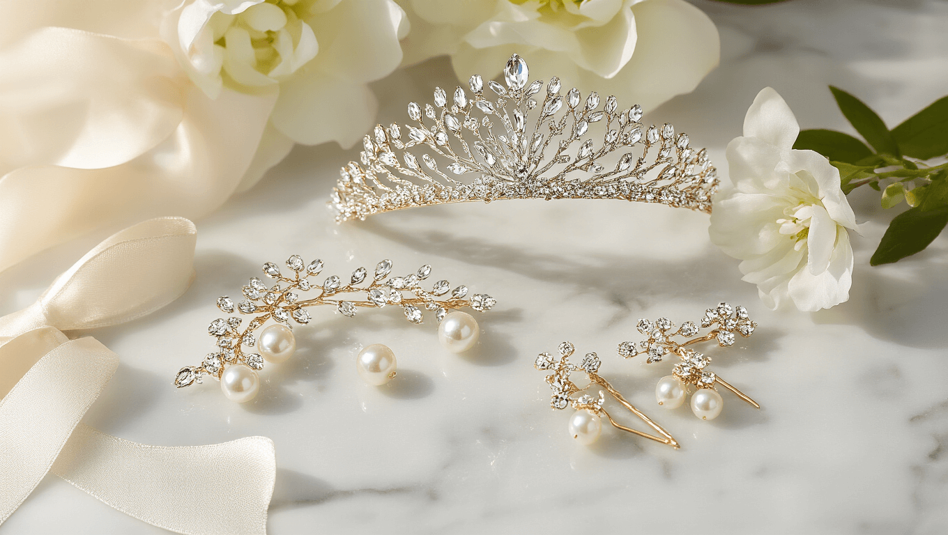 Elegant bridal hair accessories including a crystal hair vine, pearl drop pins, and a tiara, arranged on a marble vanity with soft natural lighting, complemented by silk ribbons and fresh white flowers.