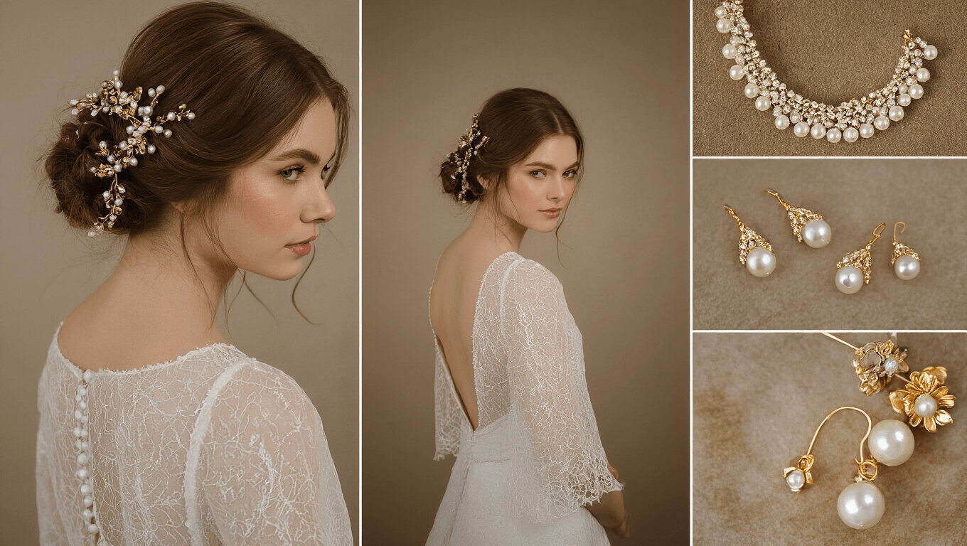 Bridal hair styled elegantly with pearl accessories, illuminated by soft golden light against a clean background.