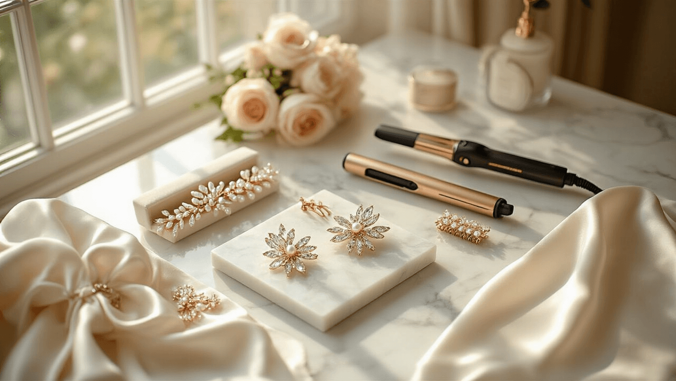 A beautifully arranged bridal styling station featuring elegant pearl hair accessories, crystal clips, and rose gold pins on a white marble surface, with a professional curling iron and styling tools, illuminated by soft morning light, evoking a romantic and sophisticated atmosphere.