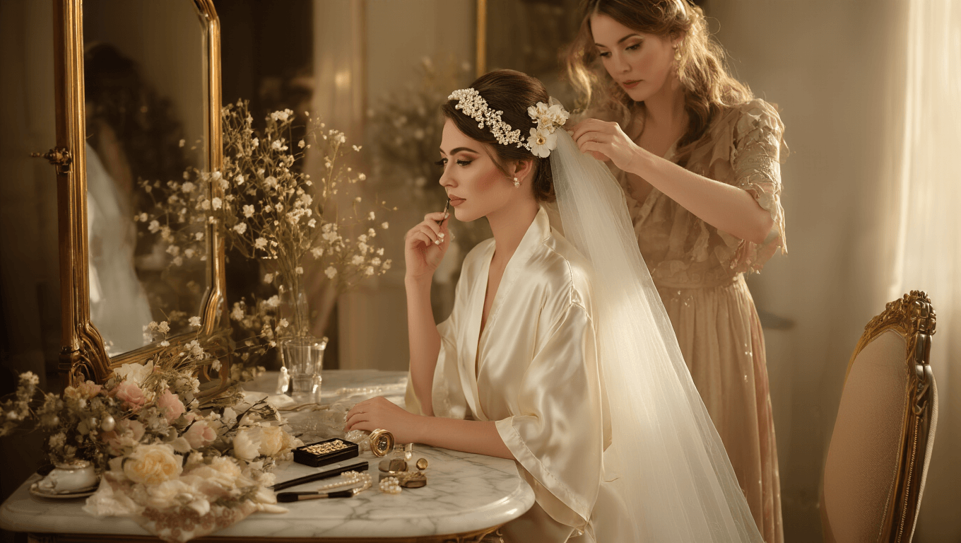 A bride in an ivory silk robe sits at an elegant vanity, illuminated by soft morning light, as a stylist arranges an intricate updo adorned with pearl hairpins and delicate flowers, surrounded by vintage styling tools and a flowing tulle veil on a marble surface, creating a dreamy bridal atmosphere.