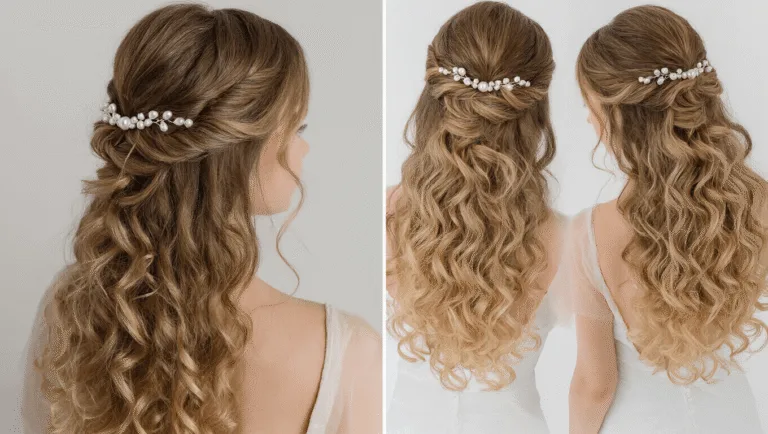 A bridal hairstyle featuring half up, half down soft curls adorned with pearl pins against a clean background.