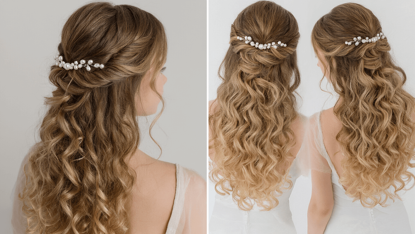A bridal hairstyle featuring half up, half down soft curls adorned with pearl pins against a clean background.