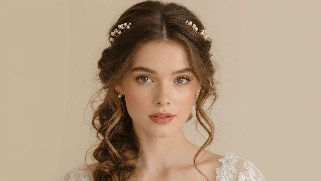 A romantic half-up half-down bridal hairstyle featuring soft curls, pearl hair pins, and face-framing tendrils, set against a clean ivory background with warm golden lighting.