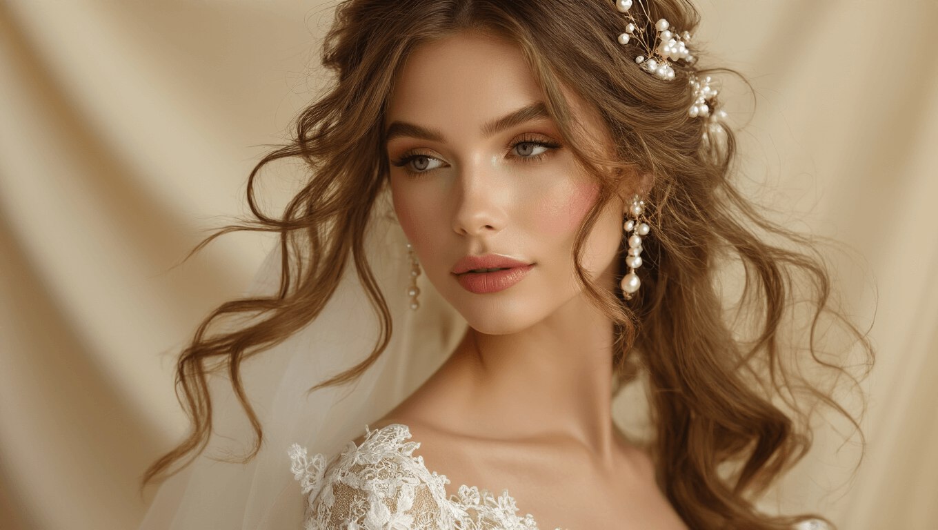 Bride with Hollywood glamour waves and pearl accessories, illuminated by warm golden hour light against a cream background, highlighting luxurious silk and lace textures.