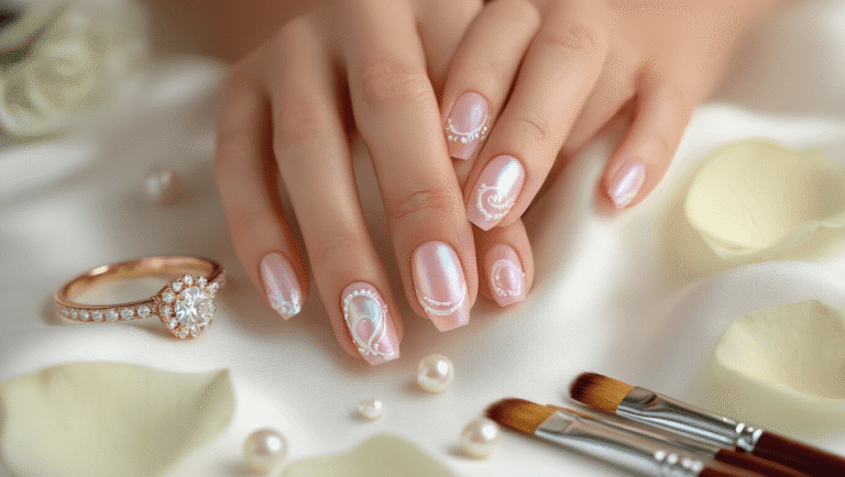 Elegant bridal hands with almond-shaped nails in soft pink iridescent polish and pearl swirls, adorned with a diamond ring and rose petals, on white silk and marble background.