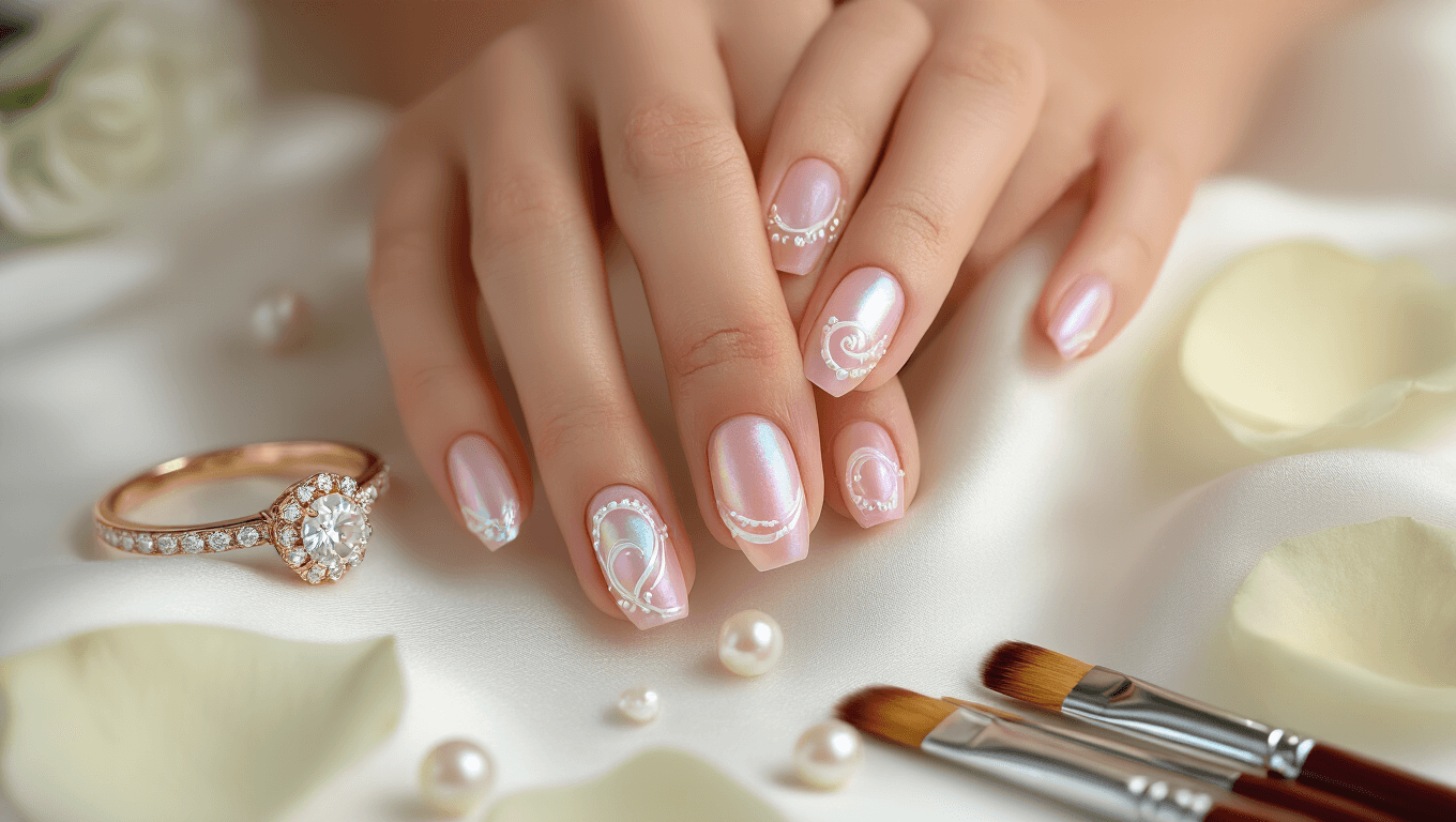Elegant bridal hands with almond-shaped nails in soft pink iridescent polish and pearl swirls, adorned with a diamond ring and rose petals, on white silk and marble background.
