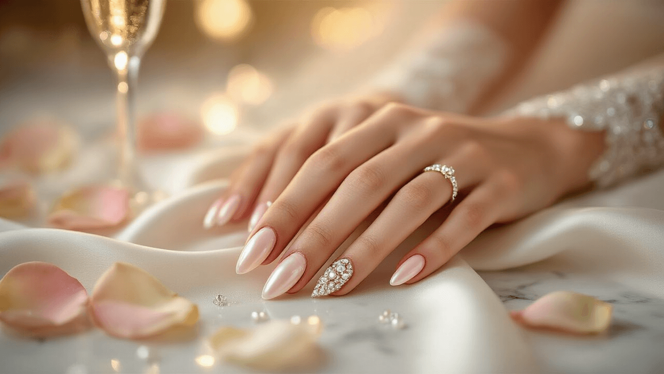 Elegant bridal manicure with blush pink almond-shaped nails adorned with rhinestones and pearl accents, resting on silk fabric and marble background, surrounded by rose petals and champagne bubbles in warm golden hour lighting.