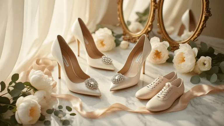 Cinematic overhead shot of an elegant bridal shoe display on white Carrara marble, featuring ivory satin pumps, blush ballet flats, and modern white sneakers, adorned with fresh peonies and eucalyptus, all illuminated by soft golden hour light.
