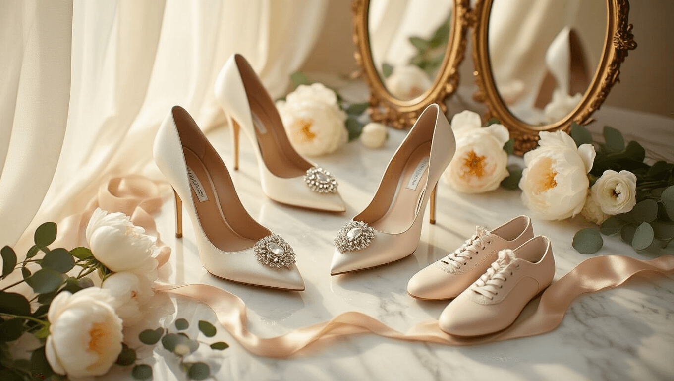 Cinematic overhead shot of an elegant bridal shoe display on white Carrara marble, featuring ivory satin pumps, blush ballet flats, and modern white sneakers, adorned with fresh peonies and eucalyptus, all illuminated by soft golden hour light.