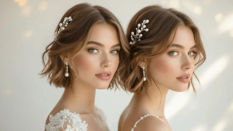 A bride with a chic short bob hairstyle styled in soft waves, embellished with pearl pins and crystal accessories, set against a clean white background with warm golden lighting that highlights the hair's texture and movement.