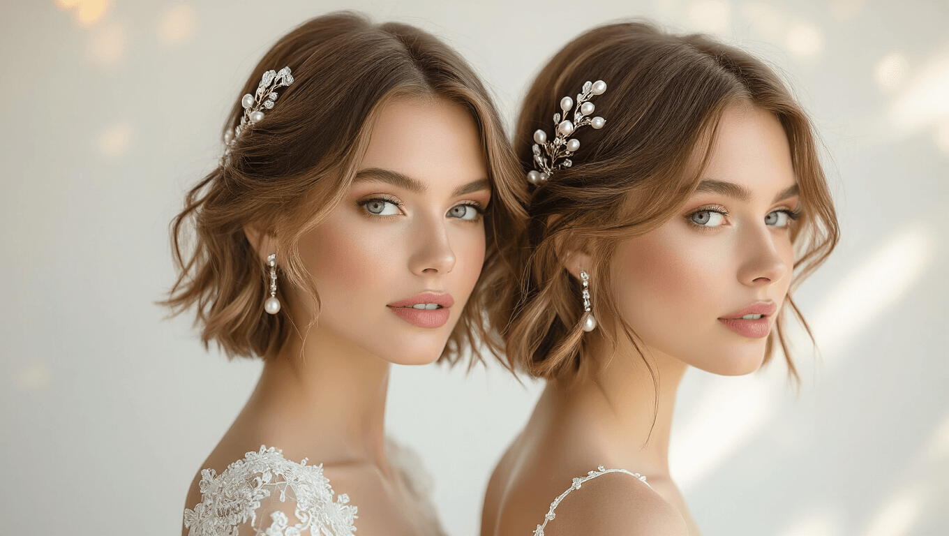 A bride with a chic short bob hairstyle styled in soft waves, embellished with pearl pins and crystal accessories, set against a clean white background with warm golden lighting that highlights the hair's texture and movement.