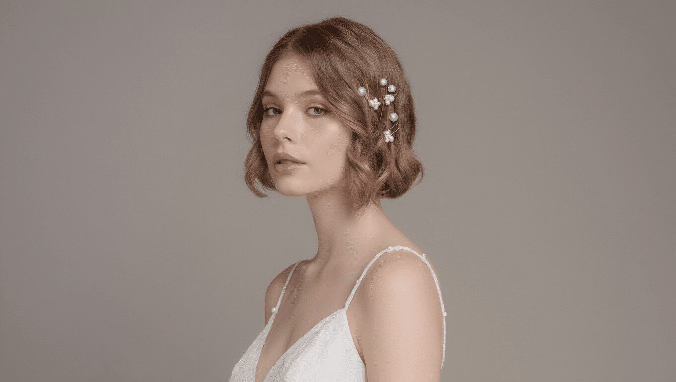 Bridal short hair styled with pearl pins, softly illuminated against a clean background.