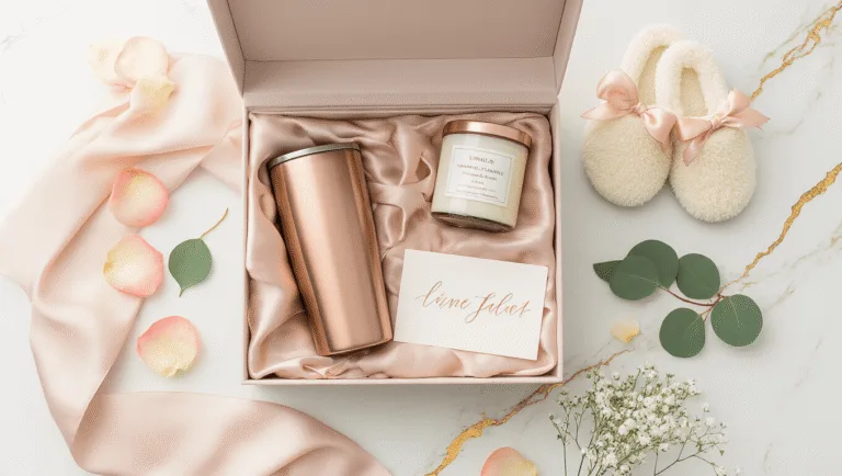 Cinematic overhead shot of an elegant bridesmaid proposal box with personalized items on a white marble surface, featuring a blush pink silk-lined box, rose gold tumbler, vanilla candle, fuzzy slippers, handwritten card, and surrounded by rose petals, eucalyptus, and baby's breath under warm golden hour lighting.