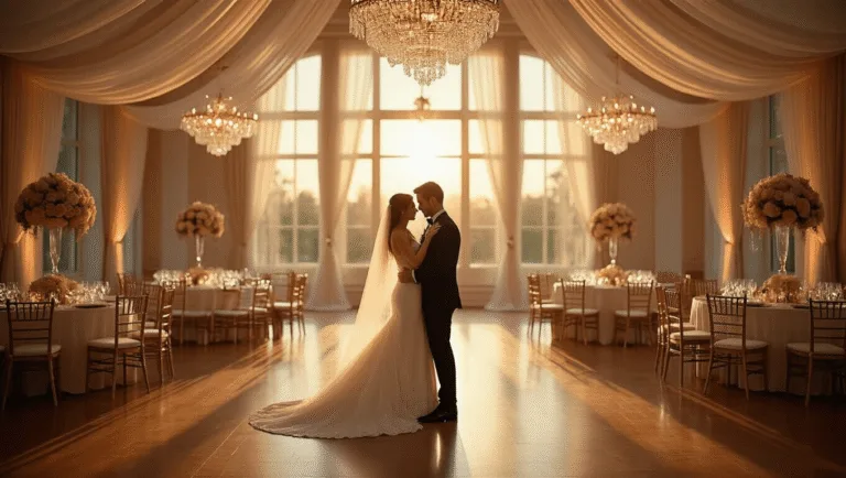 A brother in a black tuxedo and sister in an ivory gown share an intimate dance in a golden ballroom, adorned with crystal chandeliers and warm ambient lighting, surrounded by engaged wedding guests and elegant table settings.
