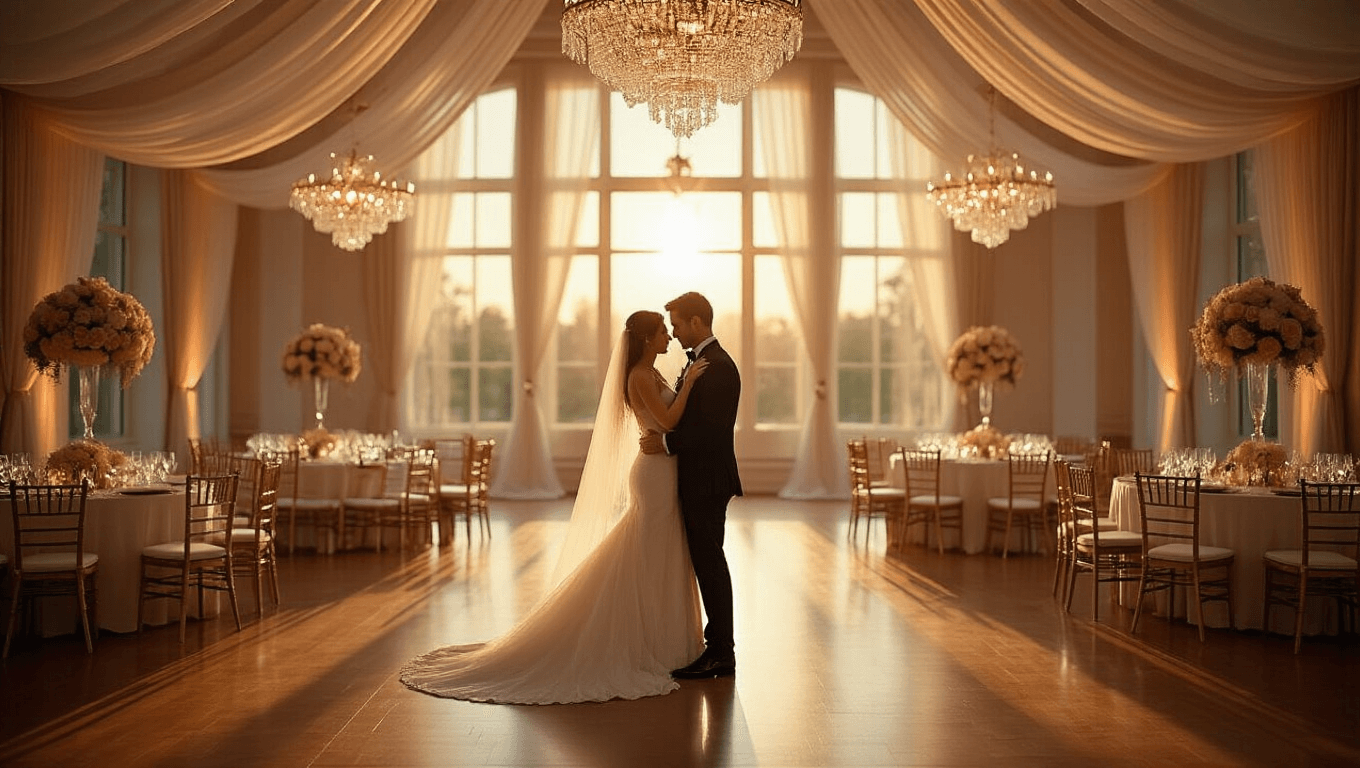A brother in a black tuxedo and sister in an ivory gown share an intimate dance in a golden ballroom, adorned with crystal chandeliers and warm ambient lighting, surrounded by engaged wedding guests and elegant table settings.