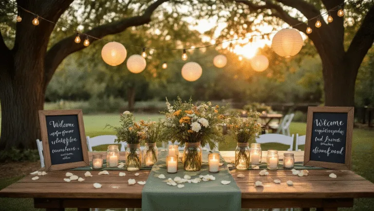 A picturesque backyard wedding reception at golden hour with a rustic farmhouse table, sage green linen, mason jar flower centerpieces, flickering candles, paper lanterns, and soft fairy lights, creating a romantic and intimate atmosphere.