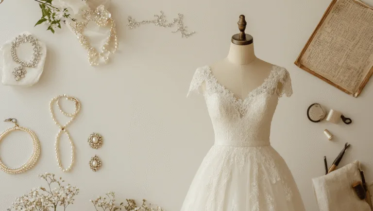A warm bridal scene featuring an elegant ivory wedding dress on a mannequin, surrounded by pearl jewelry, a crystal hair vine, vintage accessories, and sewing tools, all set against a clean white background with soft natural lighting.