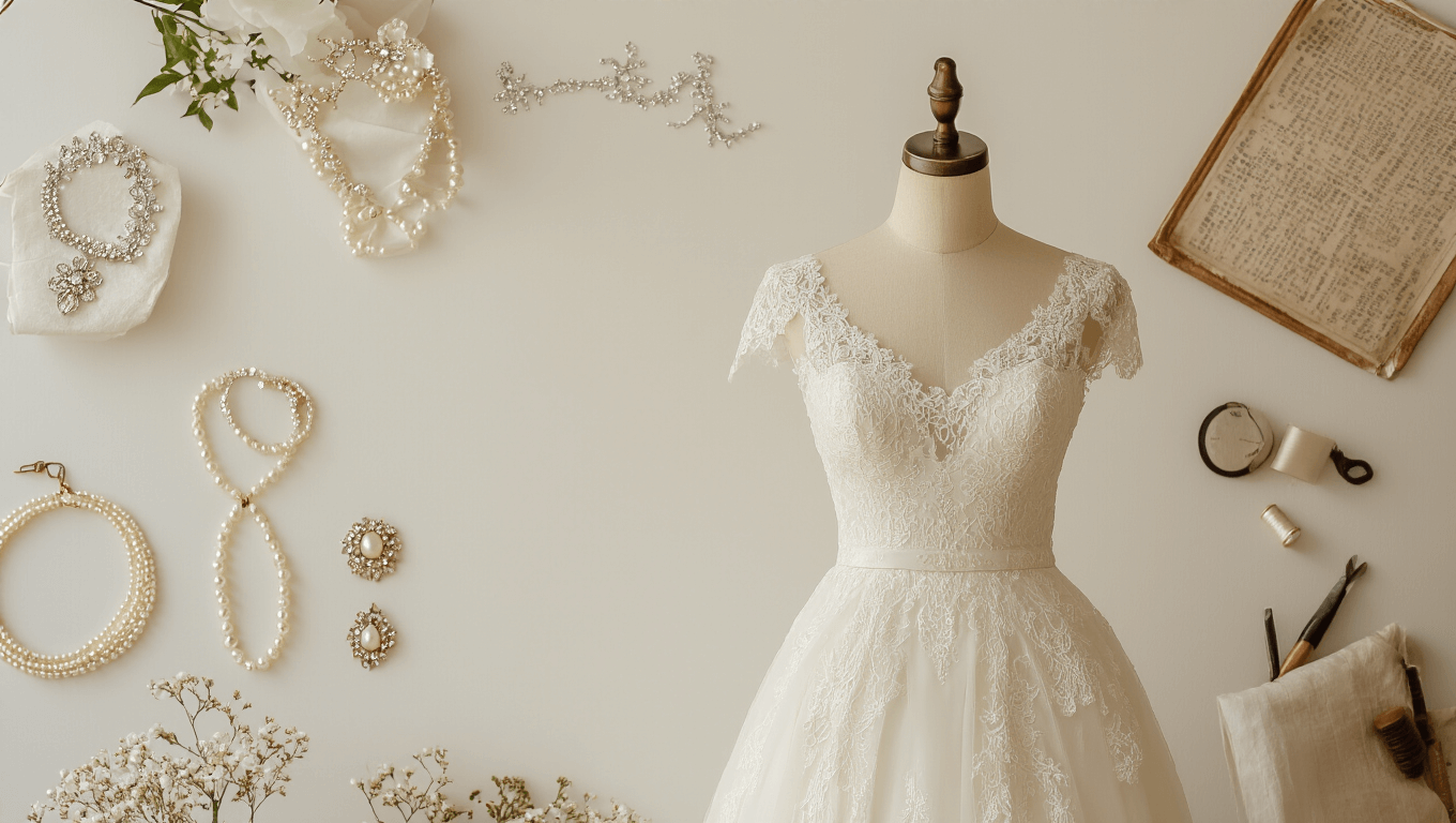 A warm bridal scene featuring an elegant ivory wedding dress on a mannequin, surrounded by pearl jewelry, a crystal hair vine, vintage accessories, and sewing tools, all set against a clean white background with soft natural lighting.