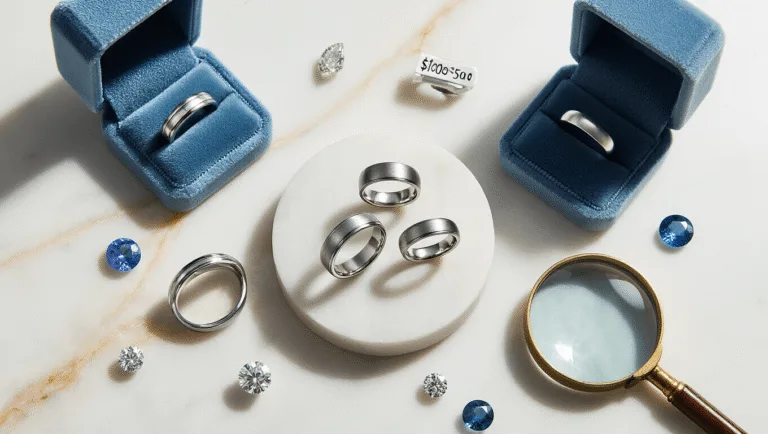 A flat lay of budget-friendly wedding rings in sterling silver, titanium, and tungsten arranged on an elegant white marble surface, featuring price tags, blue velvet ring boxes, and alternative gemstones, all enhanced by warm LED lighting and natural sunlight, with a vintage magnifying glass and ring sizing tools in the composition.