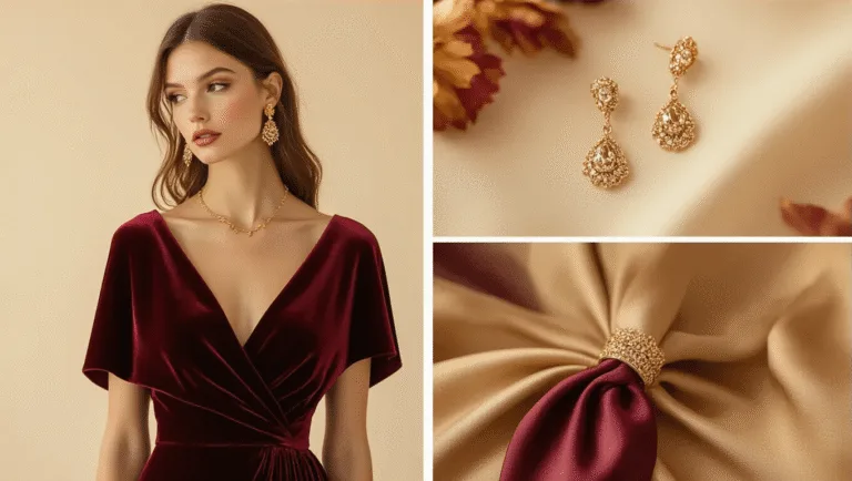 Luxurious burgundy velvet midi dress with elegant draping and gold accessories, including vintage earrings and a silk wrap, against a soft neutral background with warm golden lighting.