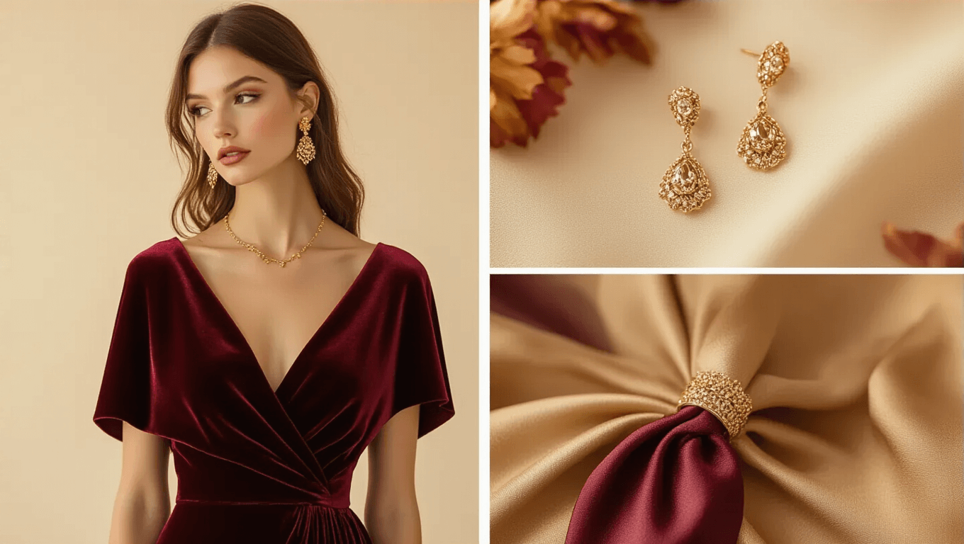 Luxurious burgundy velvet midi dress with elegant draping and gold accessories, including vintage earrings and a silk wrap, against a soft neutral background with warm golden lighting.