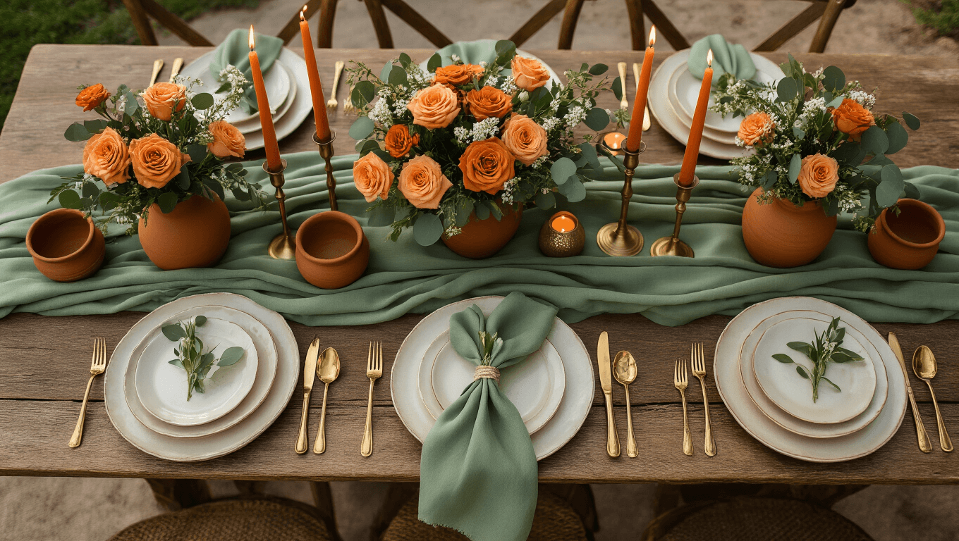 Elegant wedding tablescape featuring a rustic farmhouse table draped in sage green linen, adorned with terracotta vessels of burnt orange roses, brass candlesticks with taper candles, cream ceramic plates, and scattered sage green napkins, all enhanced by dreamy afternoon sunlight and a soft bokeh background.