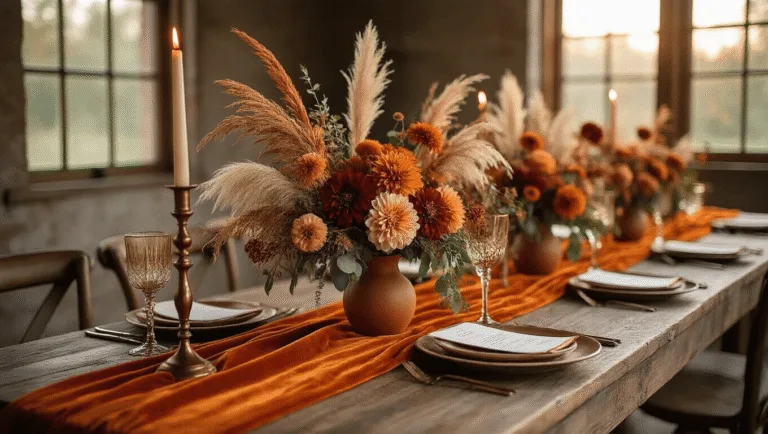 Cinematic overhead shot of a burnt orange wedding tablescape with a velvet runner, copper candlesticks, and organic floral arrangements, bathed in warm golden hour light.