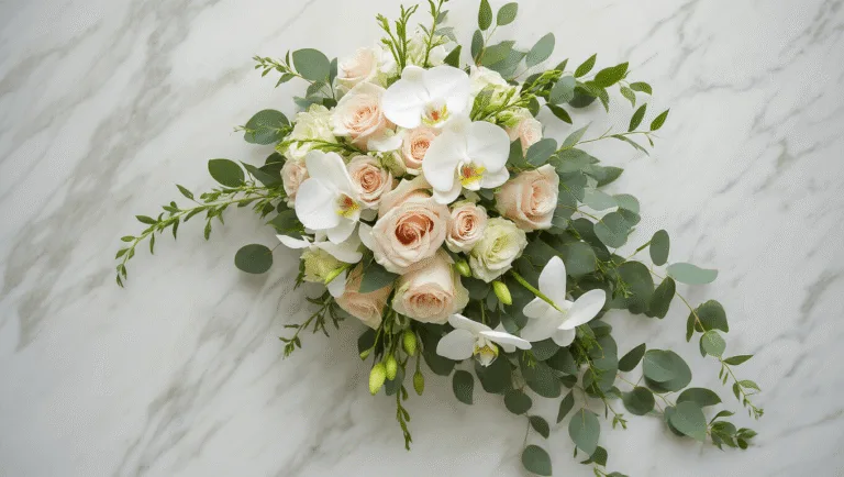 Cascading wedding bouquet of white orchids, blush roses, and eucalyptus on a marble surface, illuminated by soft golden hour lighting, showcasing rich textures and elegant details.