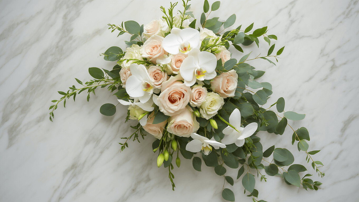 Cascading wedding bouquet of white orchids, blush roses, and eucalyptus on a marble surface, illuminated by soft golden hour lighting, showcasing rich textures and elegant details.