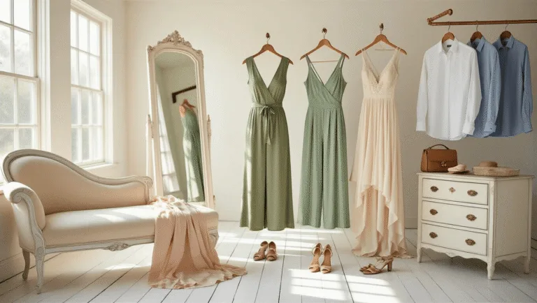 Bright and airy bridal dressing room featuring a vintage cream chaise lounge with elegantly arranged sundresses and jumpsuits, a weathered mirror, an antique dresser with jewelry and accessories, men's casual wedding attire on copper racks, scattered rose petals, and warm natural lighting.