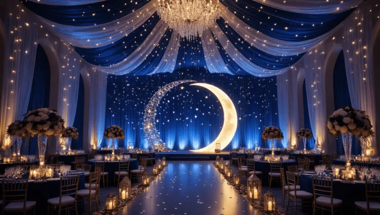 Cinematic wide-angle view of a celestial-themed wedding ballroom with midnight blue draping, fairy lights, and a crescent moon arch, featuring elegant tables with navy velvet linens and glass orb centerpieces, all under a starry canopy, evoking a magical and romantic atmosphere.