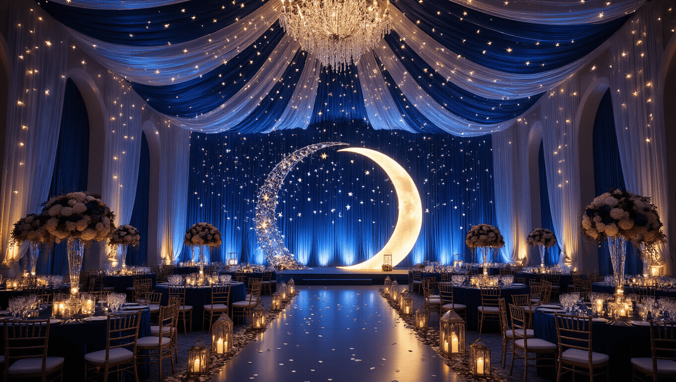 Cinematic wide-angle view of a celestial-themed wedding ballroom with midnight blue draping, fairy lights, and a crescent moon arch, featuring elegant tables with navy velvet linens and glass orb centerpieces, all under a starry canopy, evoking a magical and romantic atmosphere.