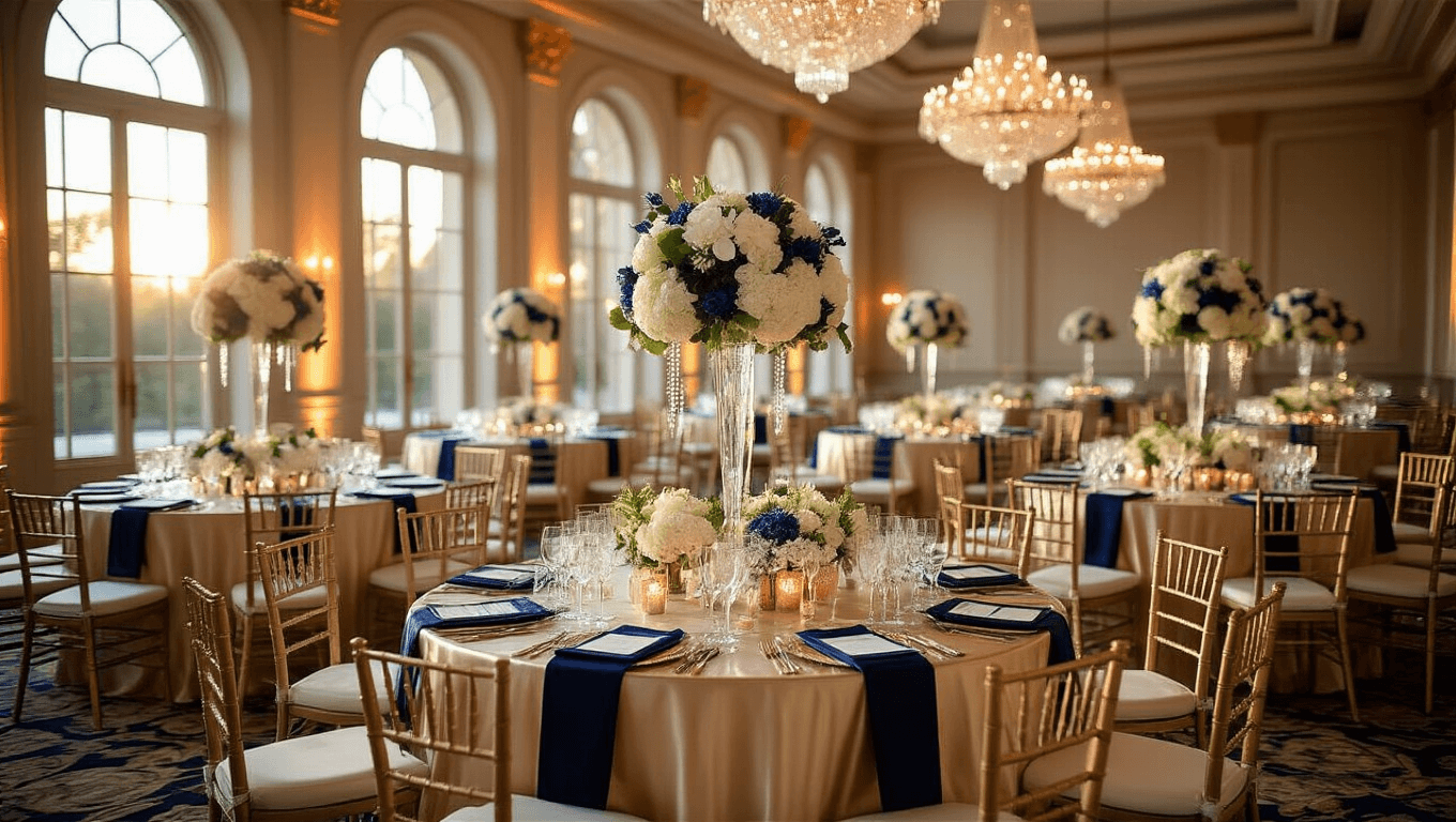 A luxurious ballroom wedding reception setup featuring champagne silk tablecloths, navy velvet runners, crystal centerpieces with orchids and delphiniums, gold Chiavari chairs, and layered lighting, creating an elegant and romantic atmosphere during golden hour.