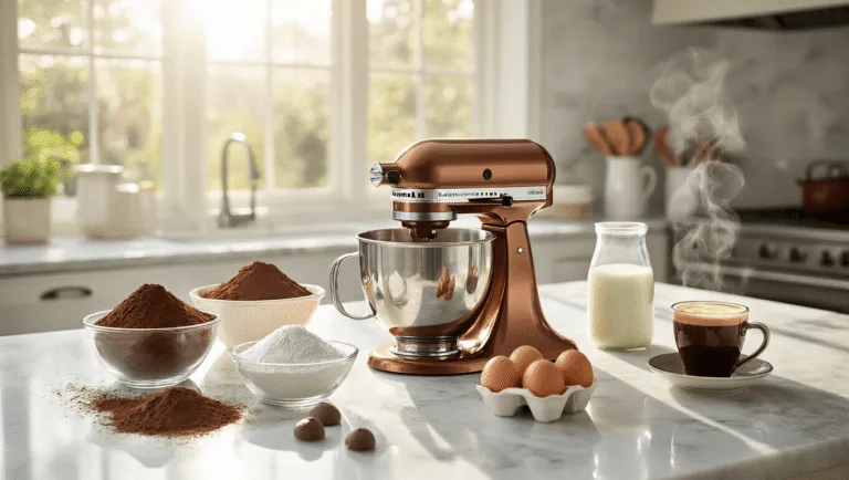 A sunlit professional kitchen with a white marble countertop featuring a copper KitchenAid mixer, baking ingredients in glass bowls, fresh eggs, buttermilk, and a steaming coffee cup, all captured in muted earth tones and dramatic lighting, emphasizing textures and details.