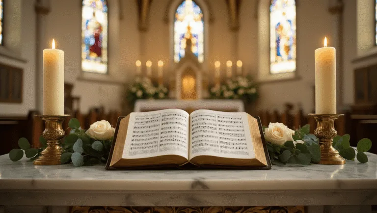 Cinematic wide-angle shot of an elegant church altar with an open hymnal displaying "How Great Thou Art," surrounded by flickering ivory candles, white roses, and eucalyptus, against vibrant stained glass windows and polished marble, capturing dramatic lighting and gothic architecture.