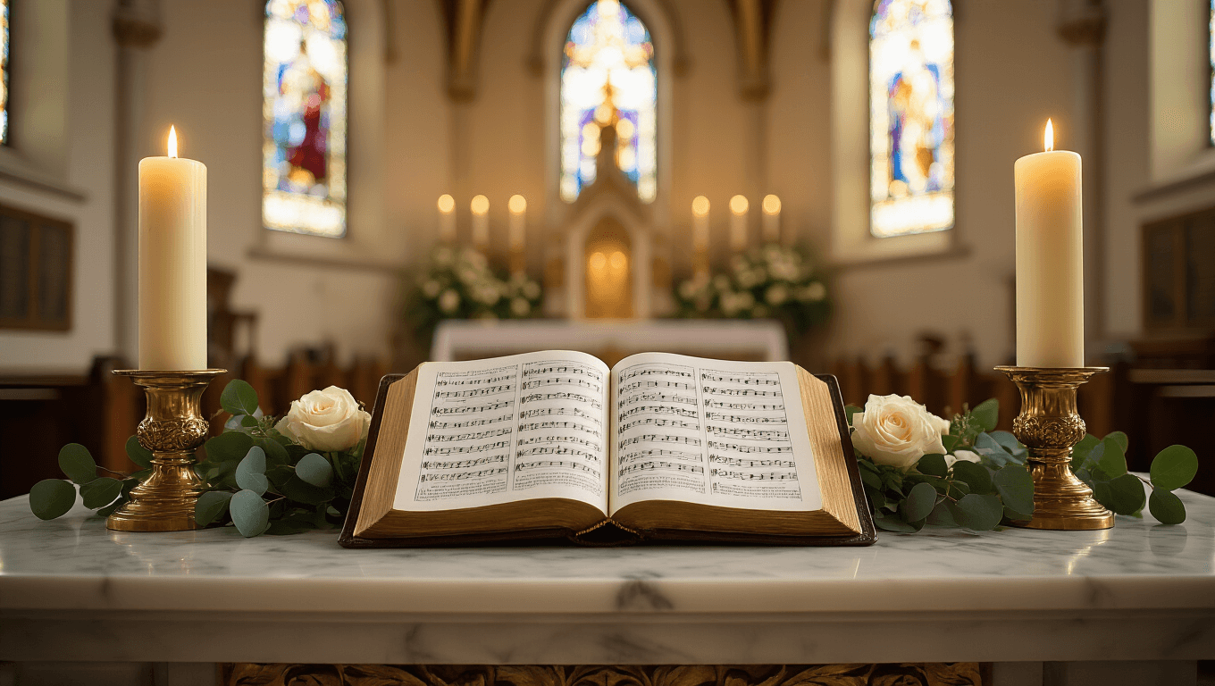 Cinematic wide-angle shot of an elegant church altar with an open hymnal displaying "How Great Thou Art," surrounded by flickering ivory candles, white roses, and eucalyptus, against vibrant stained glass windows and polished marble, capturing dramatic lighting and gothic architecture.