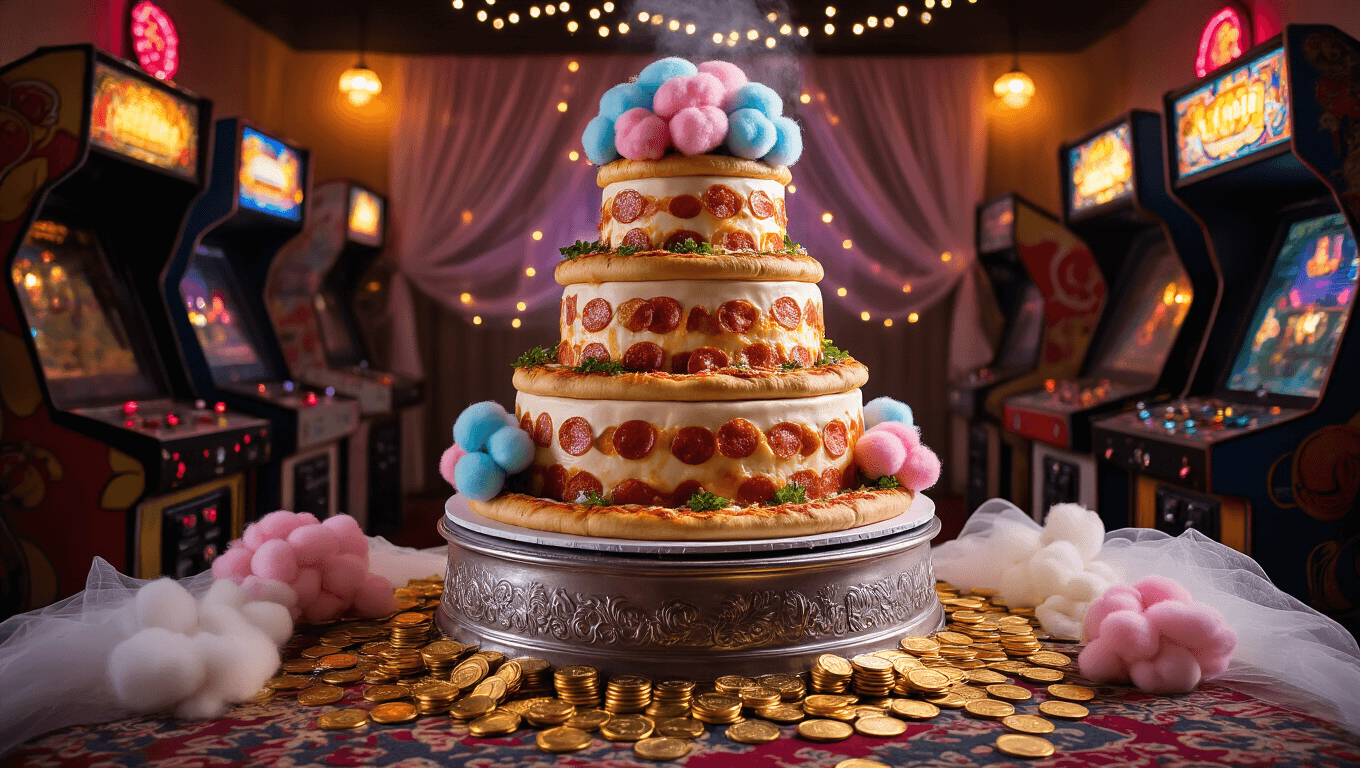 A whimsical four-tier pizza wedding cake on a silver pedestal, surrounded by pink and blue cotton candy bouquets and golden arcade tokens, with colorful neon glows from vintage arcade cabinets and soft tulle draping adorned with fairy lights.