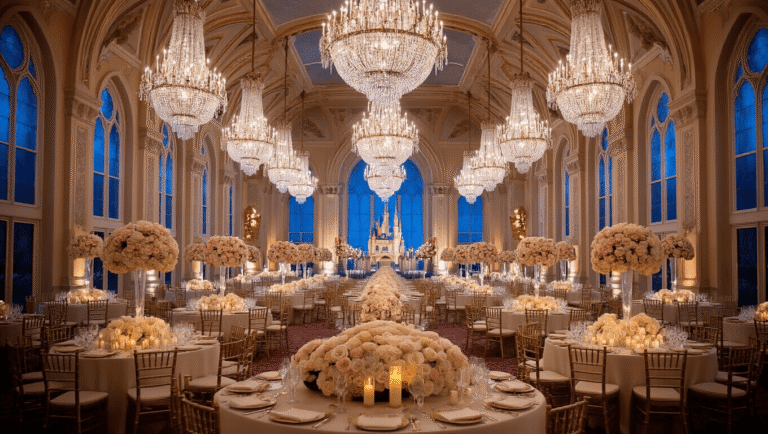 Opulent ballroom wedding reception with elegant ivory silk tables, crystal chandeliers, rose centerpieces, gold chiavari chairs, and romantic ambient lighting, evoking a magical Disney atmosphere.