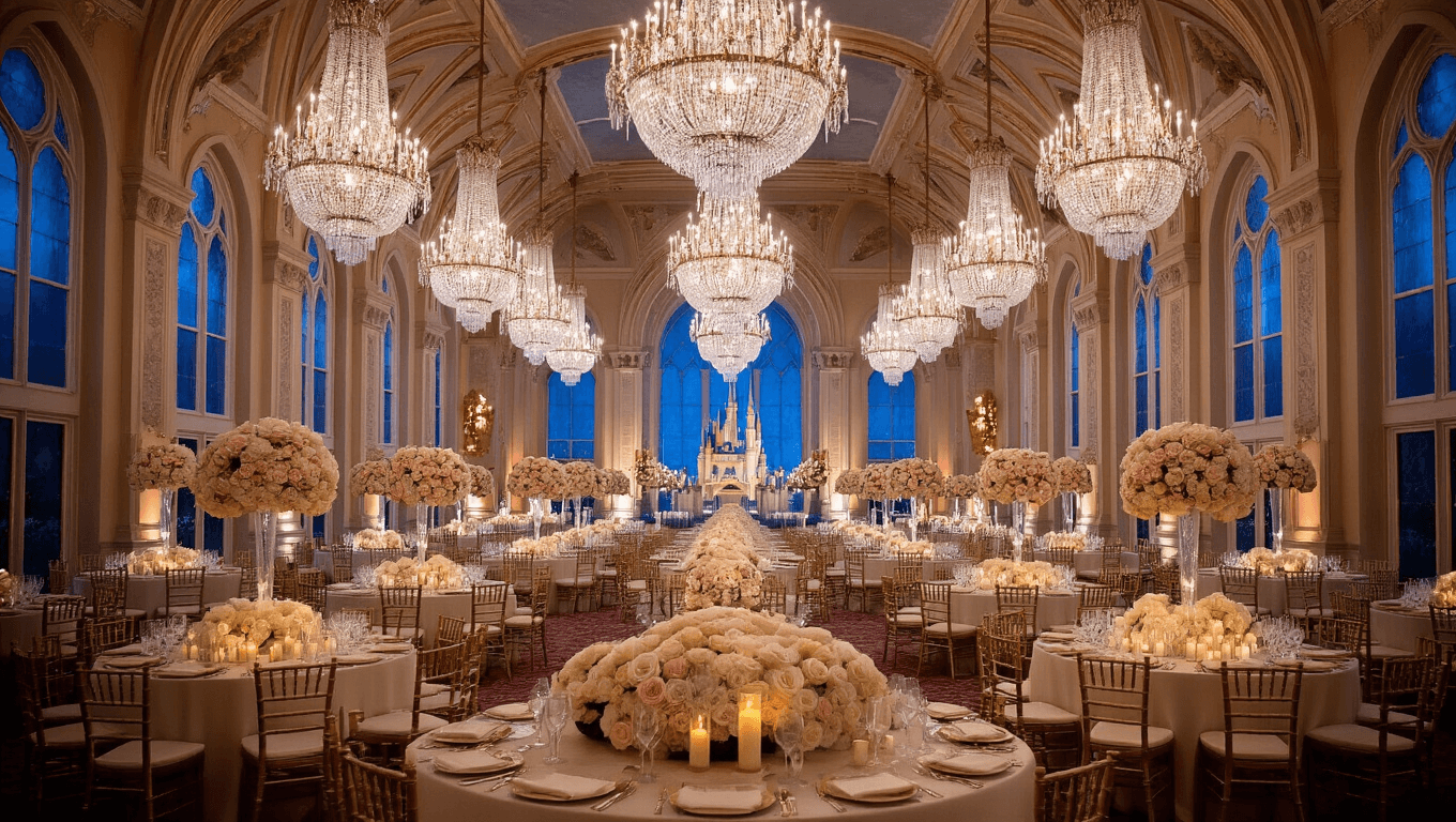 Opulent ballroom wedding reception with elegant ivory silk tables, crystal chandeliers, rose centerpieces, gold chiavari chairs, and romantic ambient lighting, evoking a magical Disney atmosphere.