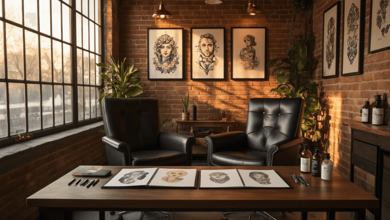 A modern tattoo consultation area featuring two intimate black leather chairs, illuminated by warm afternoon light. The scene includes a wooden table with tattoo portfolios showcasing couple designs, exposed brick walls with framed artwork, and scattered tattoo pens, creating a cozy and creative atmosphere.