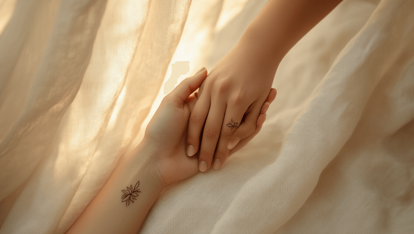 Close-up of two interlocked hands with fresh minimalist couple tattoos, set against a creamy linen background and soft golden hour lighting, highlighting intricate skin details and tattoo artistry.