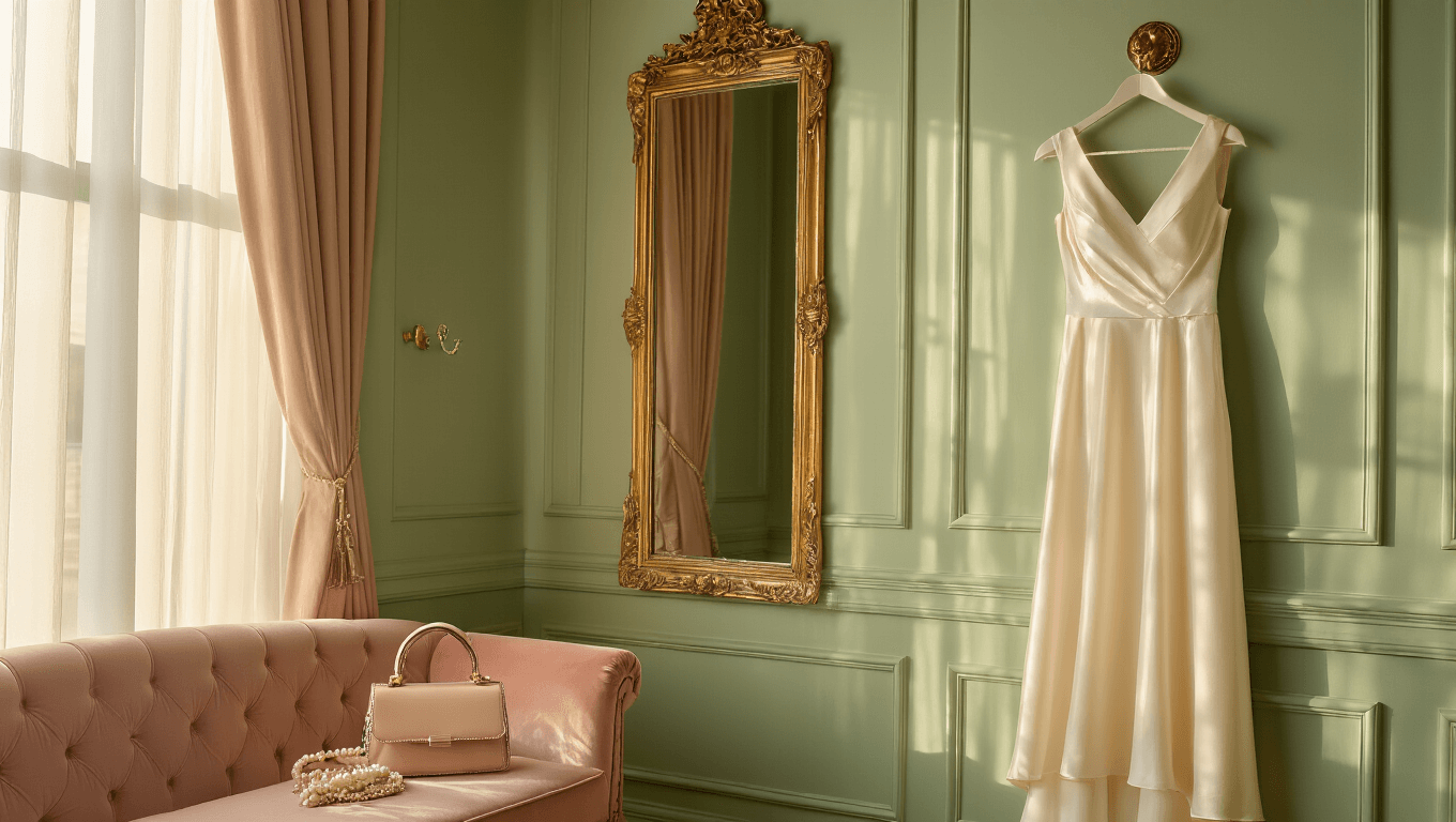 Elegant courthouse wedding preparation room with an ivory silk dress on a vintage brass hook, warm light through sheer curtains, and wedding accessories on a blush velvet settee, evoking sophistication and intimacy.