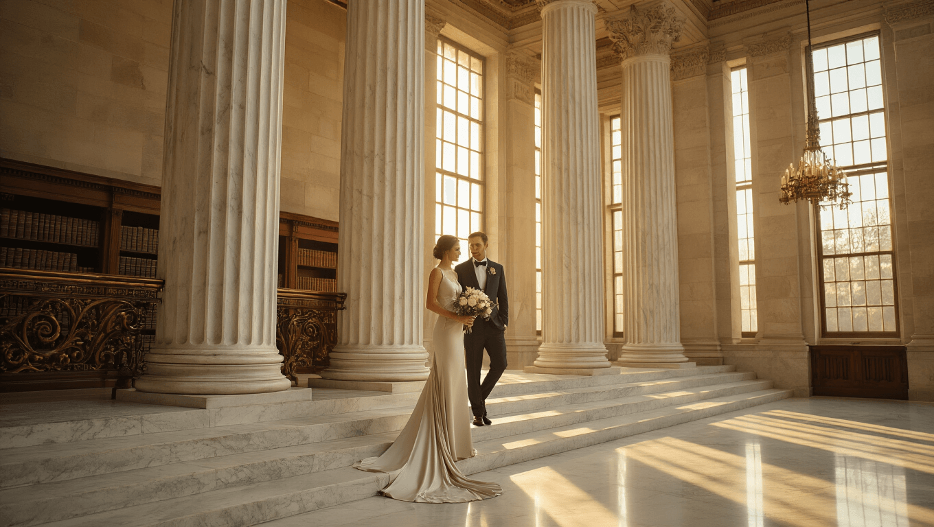 Elegant courthouse wedding scene with bride in minimalist silk dress and groom in charcoal suit on limestone steps, framed by marble columns and warm golden hour sunlight, casting shadows on polished floors.