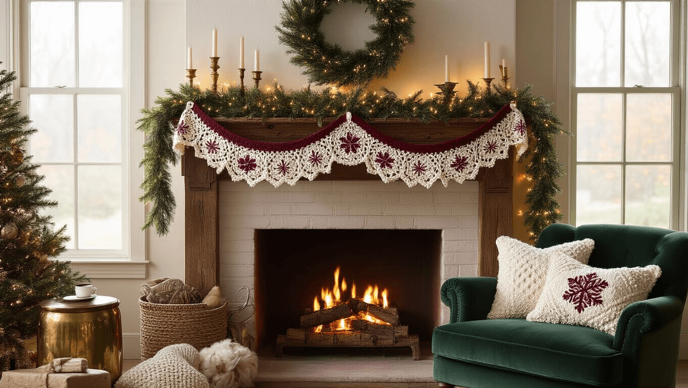 A cozy living room featuring a handmade cream and burgundy crochet Christmas garland on a rustic wooden mantle, with a crackling fireplace, plush throw pillows, and a steaming mug of hot cocoa, all bathed in warm golden hour light.