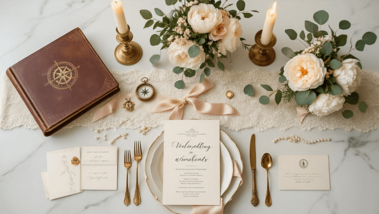 Cinematic overhead view of an elegant destination wedding tablescape featuring vintage atlases, lace runners, compass charms, peonies, eucalyptus, brass candlesticks, handmade invitations, passport place cards, miniature globes, silk ribbons, and golden hour lighting on a white marble background.