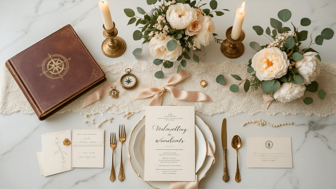 Cinematic overhead view of an elegant destination wedding tablescape featuring vintage atlases, lace runners, compass charms, peonies, eucalyptus, brass candlesticks, handmade invitations, passport place cards, miniature globes, silk ribbons, and golden hour lighting on a white marble background.