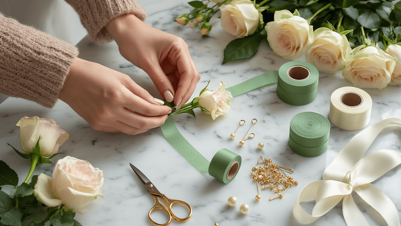 A wide-angle shot of a marble countertop workspace with soft natural light, showcasing a step-by-step boutonniere creation process with cream-colored rose stems wrapped in emerald green floral tape, surrounded by floral tools, pearls, tape, and fresh garden roses.