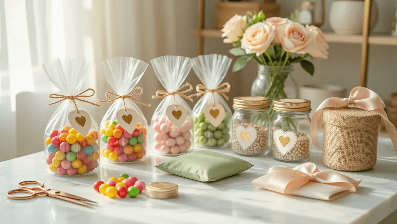 Bright craft room with organized wedding favor supplies on a marble workspace, featuring cellophane bags, mason jars, tea sachets, customized Tic Tac containers, transformed wine glasses, and crafting tools, illuminated by soft natural light.